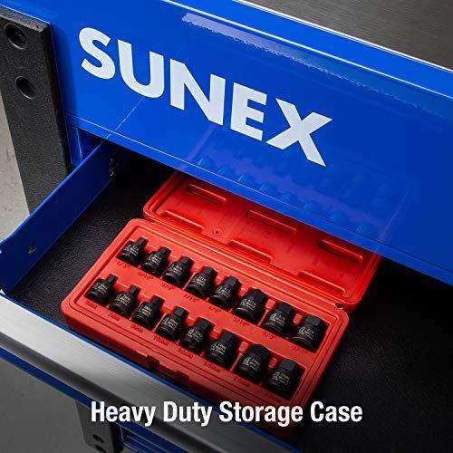 Imagem de Sunex 3646, 3/8 polegadas Drive Low Profile Impact Hex Driver Set, 16-Piece, SAE/Metric, 1/4 polegada - 3/4 polegada, 6mm - 19mm, Aço Cr-Mo, Marcas de Tamanho Duplo, Caixa de armazenamento pesado, atende aos padrões da ANSI