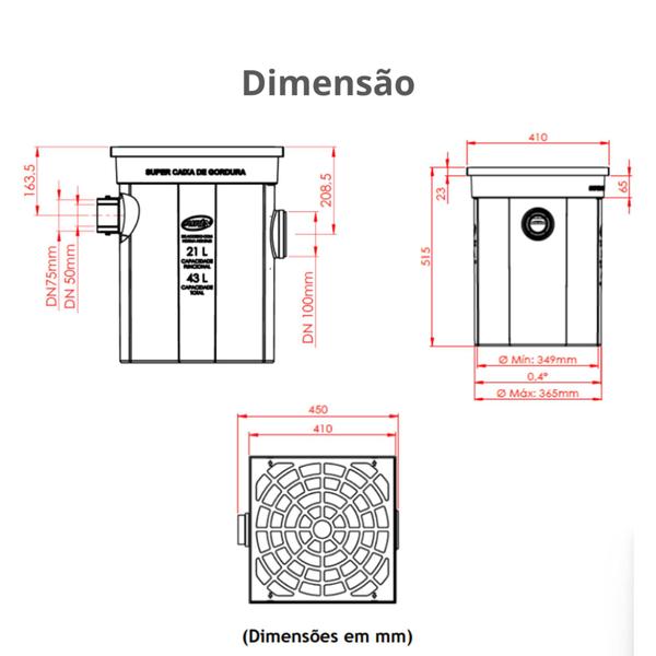 Imagem de Super Caixa De Gordura Com Cesto De Limpeza 515 x 450 x 410 mm Preto Durín