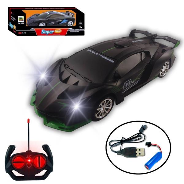 Imagem de Super Carrinho Controle Remoto Preto Recarregável Farois Led Infantil Bugati Brinquedo Carro Ferrari