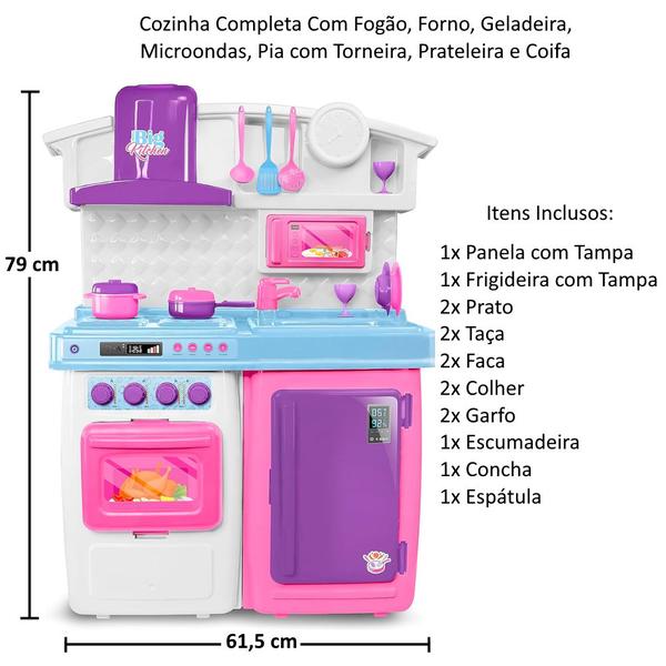 Imagem de Super Cozinha Infantil Fogão Geladeira Panelas Pia Forno Utensílios Abre Portas Rosa