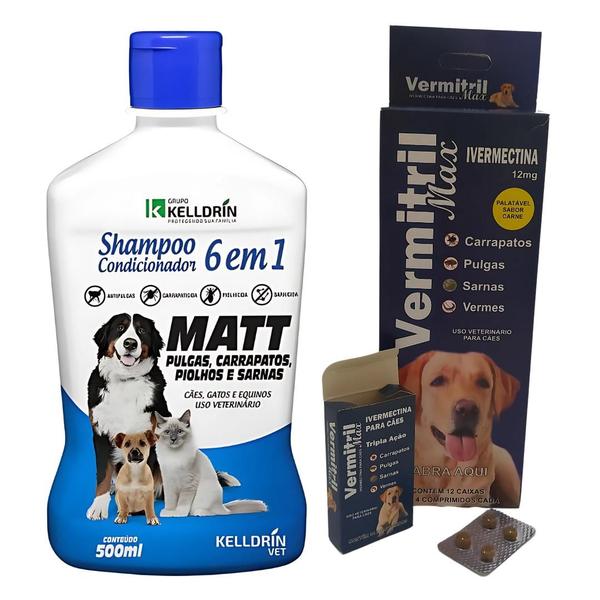 Imagem de Super Kit Antipulgas: 48 Comprimidos Potentes para Cães de 40-60kg + Shampoo e Condicionador Matt 6 em 1 - Contra Pulgas, Carrapatos, Piolhos e Sarna