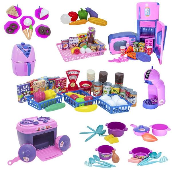 Imagem de Super Kit Cozinha Infantil Eletro Mercado Comida Fogão 108pç