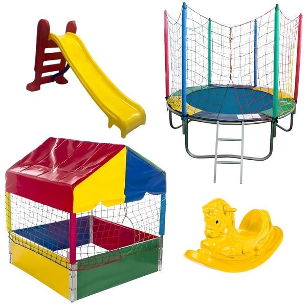 Imagem de  Super Kit de Brinquedos: Cama Elástica  1,83m + Piscina de Bolinhas 1,00m + Escorregador Médio + Gangorra 1 Lugar