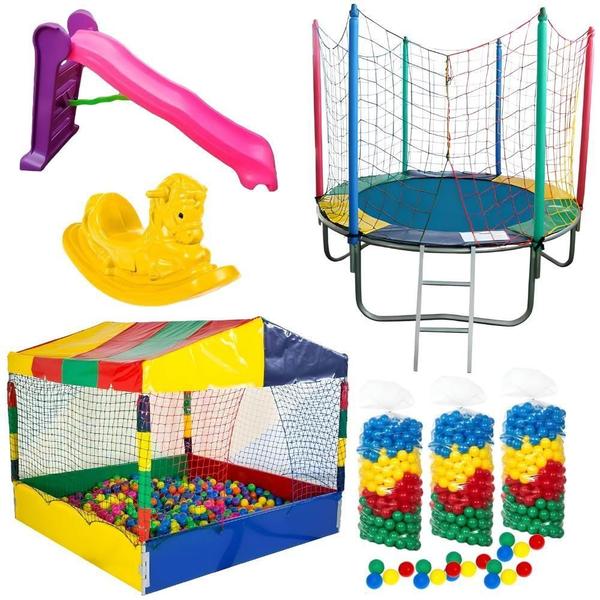 Imagem de Super Kit de Brinquedos: Cama Elástica 1,83m  + Piscina de Bolinhas 1,50m + 1.500 Bolinhas + Escorregador Grande + Gangorra 1 Lugar