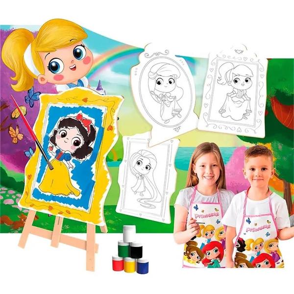 Imagem de Super Kit Pintura Princesas C/ 4 Telas + Cavalete + 6 Tintas