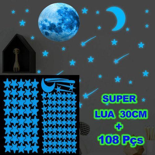 Imagem de Super Lua 30cm + 108 Estrelas Azul - Adesivos  Brilham no Escuro Fosforescentes - Decoração Quarto Infantil