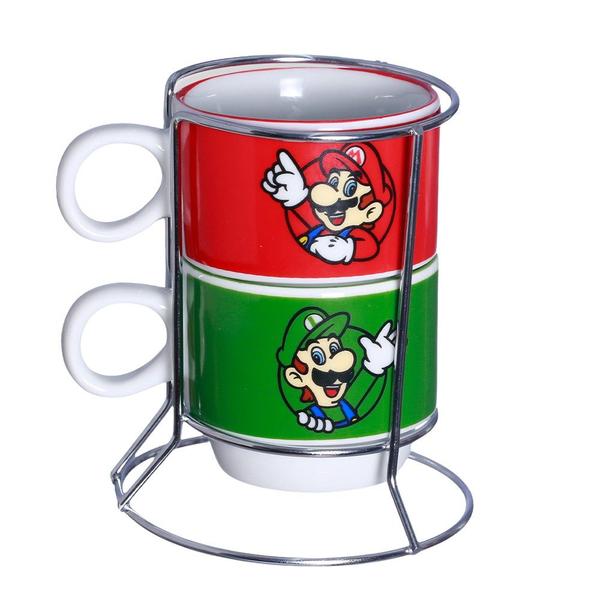 Imagem de Super Mario E Luigi Torre Com 2 Canecas Porcelana + Suporte Metal Oficial Nintendo