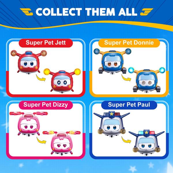 Imagem de Super Wings - Super Pets 4-Pack Collection Super Pets Jett, Donnie, Paul, Dizzy  Figuras de ação de brinquedos de avião  Brinquedo de avião pré-escolar divertido para 3 4 meninos e meninas de 5 anos  com efeito luz