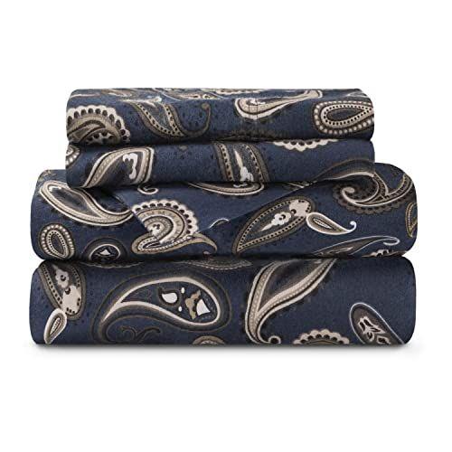 Imagem de Superior Premium Cotton Flannel Sheets, All Season 100% Brushed Cotton Flannel Bedding, 4-Piece Sheet Set with Deep Fitting Pockets - Navy Blue Paisley, Cama Queen