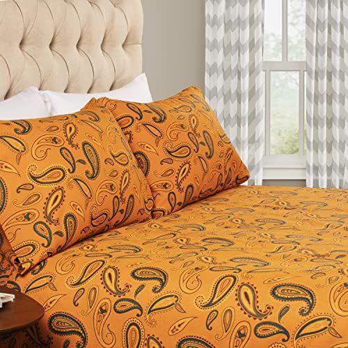 Imagem de Superior Premium Cotton Flannel Sheets, All Season 100% Brushed Cotton Flannel Bedding, 4-Piece Sheet Set with Deep Fitting Pockets - Pumpkin Paisley, Queen Bed