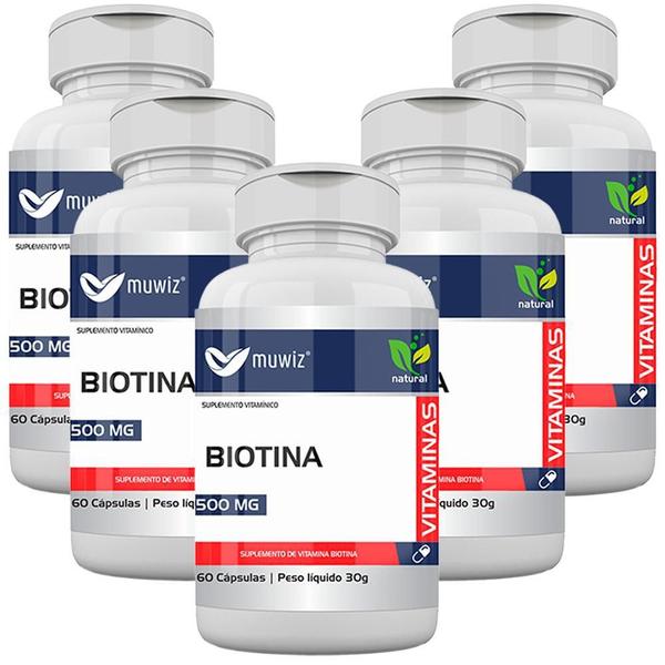 Imagem de Suplemente Biotina 500 Mg 60 Cápsulas Muwiz 5 Potes