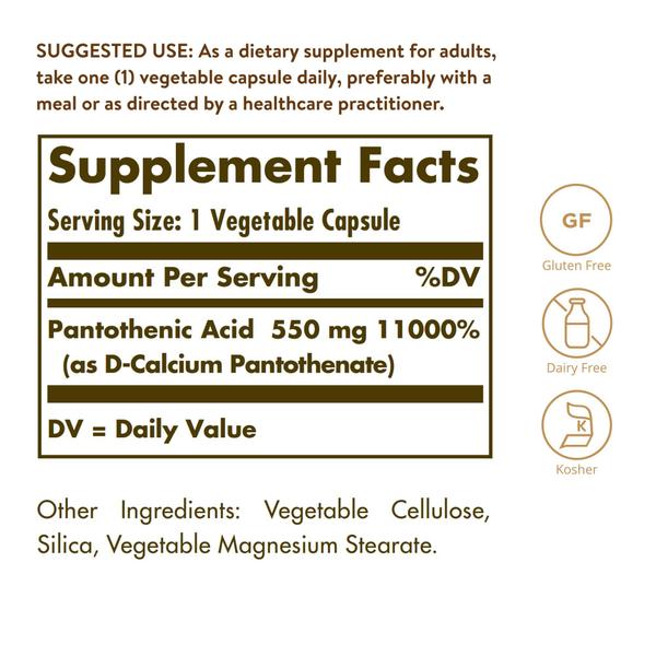 Imagem de Suplemento Ácido Pantotênico Solgar 550 mg 100 cápsulas vegetais