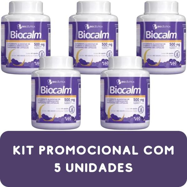 Imagem de Suplemento Alimentar de Vitaminas e Aminoácido Triptofano Biocêutica Biocalm Pote 60 Cápsulas Kit Promocional 5 Unidades