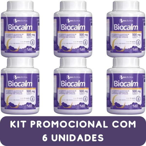 Imagem de Suplemento Alimentar de Vitaminas e Aminoácido Triptofano Biocêutica Biocalm Pote 60 Cápsulas Kit Promocional 6 Unidades