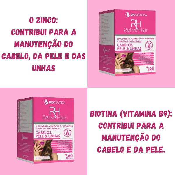 Imagem de Suplemento Alimentar de Vitaminas e Minerais Biocêutica Relive Hair Cabelos, Pele e Unhas Pote 60 Cápsulas