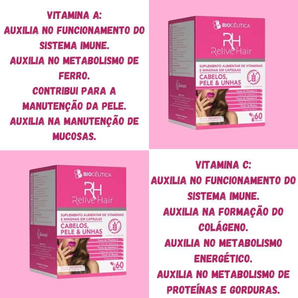 Imagem de Suplemento Alimentar de Vitaminas e Minerais Biocêutica Relive Hair Cabelos Pele Unhas Pote 60 Cápsulas Kit 11 Unidades