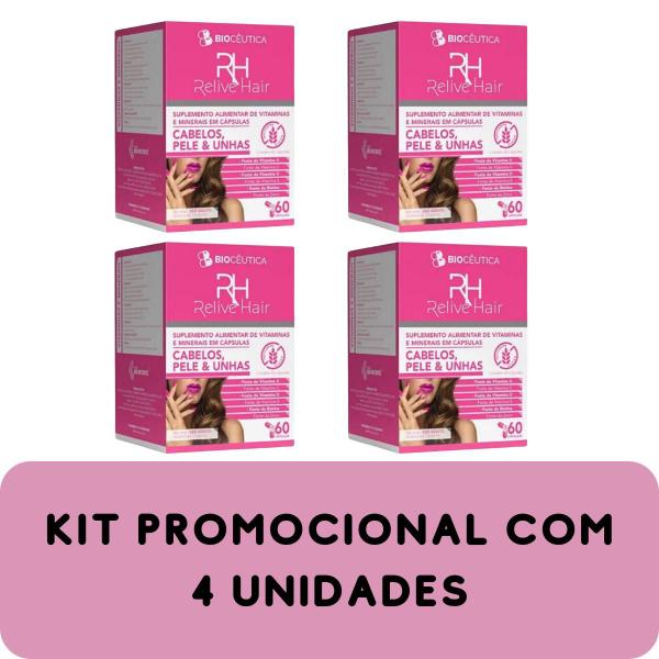 Imagem de Suplemento Alimentar de Vitaminas e Minerais Biocêutica Relive Hair Cabelos Pele Unhas Pote 60 Cápsulas Kit 4 Unidades