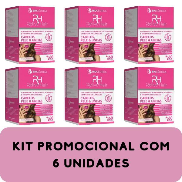 Imagem de Suplemento Alimentar de Vitaminas e Minerais Biocêutica Relive Hair Cabelos Pele Unhas Pote 60 Cápsulas Kit 6 Unidades