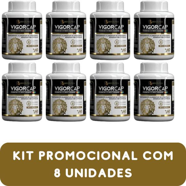 Imagem de Suplemento Alimentar de Vitaminas e Minerais Biocêutica Vigorcap Pote 60 Cápsulas Kit Promocional 8 Unidades