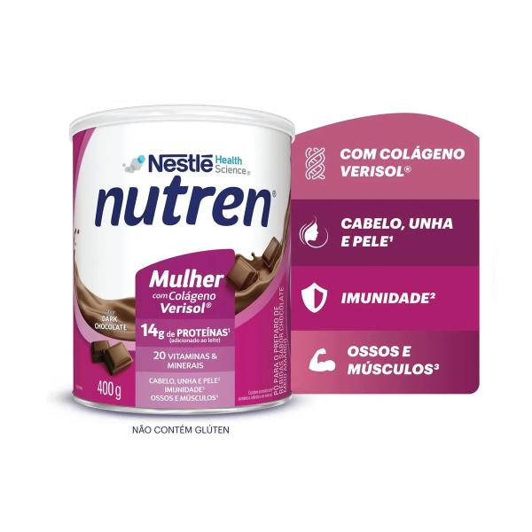 Suplemento Alimentar Nutren Para Mulheres Com Colágeno Sabor Dark Chocolate 400g Nestlé Imagem de Suplemento Alimentar Nutren Para Mulheres Com Colágeno Sabor Dark Chocolate 400g Nestlé