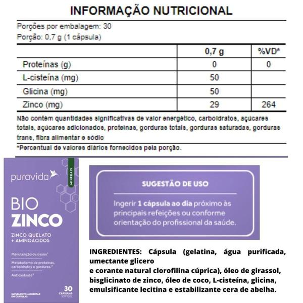 Imagem de Suplemento Bio Zinco Quelato 29mg + Aminoácidos 30 Cápsulas Puravida