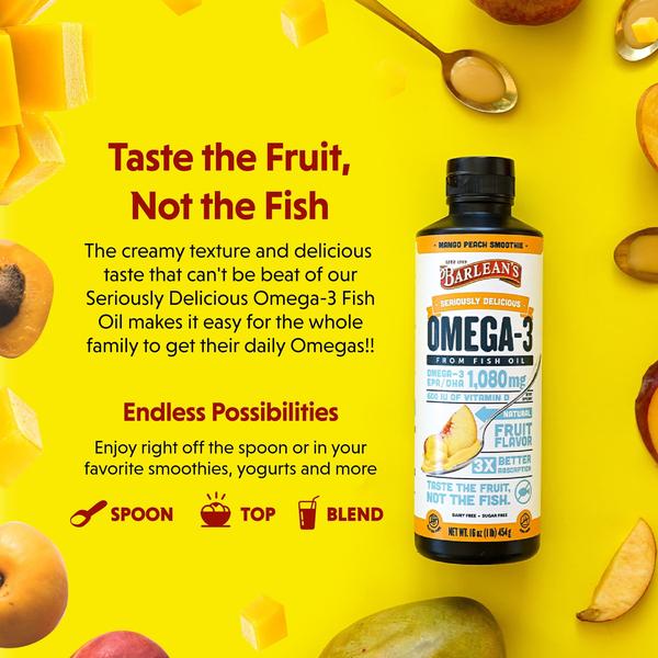 Imagem de Suplemento de óleo de peixe Barlean's Mango Peach Omega 3 240 mL com vitamina D