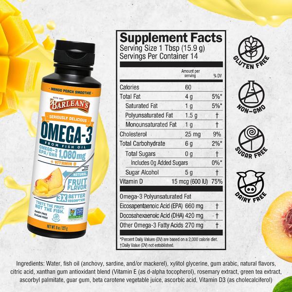 Imagem de Suplemento de óleo de peixe Barlean's Mango Peach Omega 3 240 mL com vitamina D