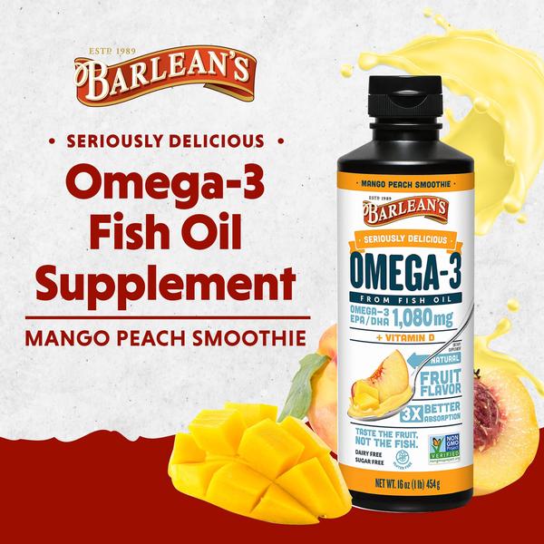 Imagem de Suplemento de óleo de peixe Barlean's Mango Peach Omega 3 500 ml com vitamina D