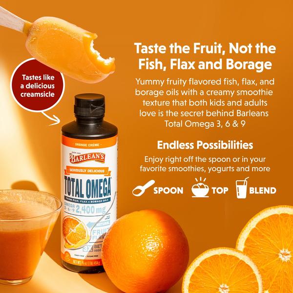 Imagem de Suplemento de óleo de peixe Barlean's Total Omega 3 710 ml de creme de laranja