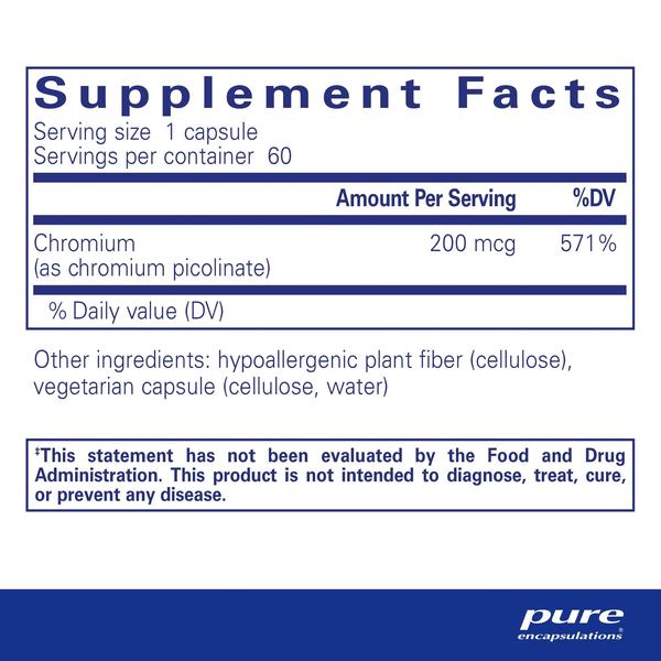 Imagem de Suplemento: encapsulamentos puros, picolinato de cromo, 200mcg, 60 cápsulas