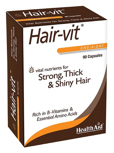 Suplemento Health Aid Hair VIT 90 cápsulas de vitaminas B e aminoácidos Imagem de Suplemento Health Aid Hair VIT 90 cápsulas de vitaminas B e aminoácidos