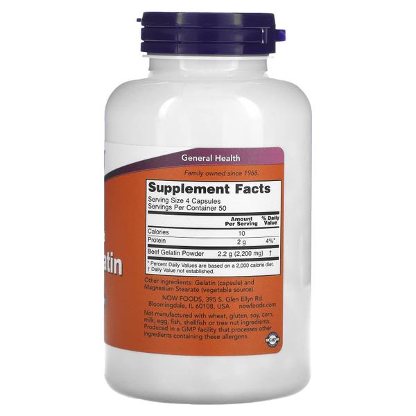 Imagem de Suplemento NOW: Gelatina bovina, 550 mg, hidrolisada, 200 cápsulas