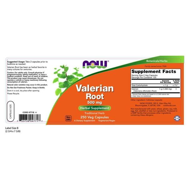 Imagem de Suplemento NOW: raiz de valeriana, 500 mg, 250 cápsulas vegetais