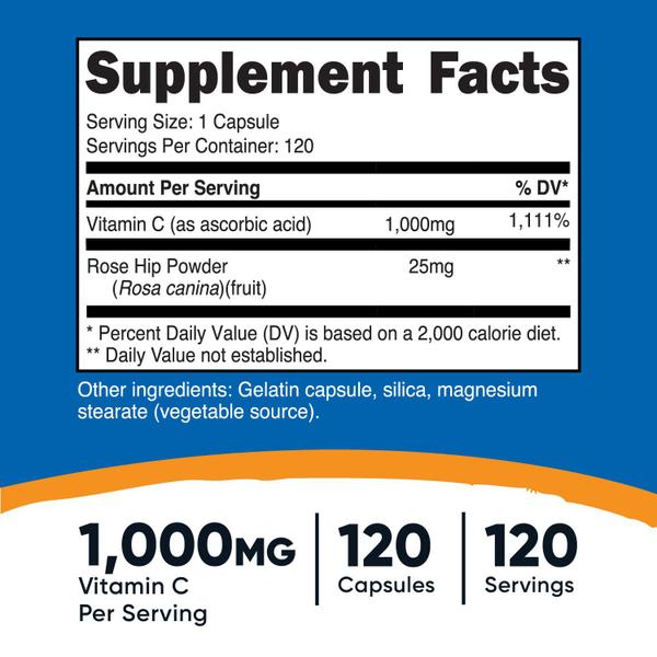 Imagem de Suplemento Nutricost de vitamina C com rosa mosqueta 1025 mg 120 cápsulas