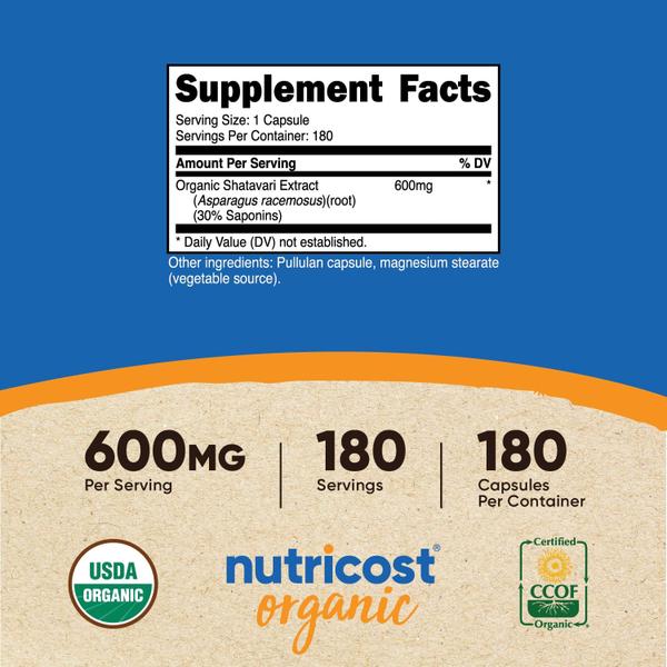 Imagem de Suplemento Nutricost Shatavari 600mg 180 cápsulas orgânicas