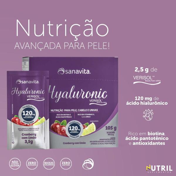 Imagem de Suplemento p/ pele Colágeno HYALURONIC VERISOL SANAVITA em Pó Hidrolisado 30 Sachês / Anti - Rugas - Firmeza p/ pele - c/ Vitamina C