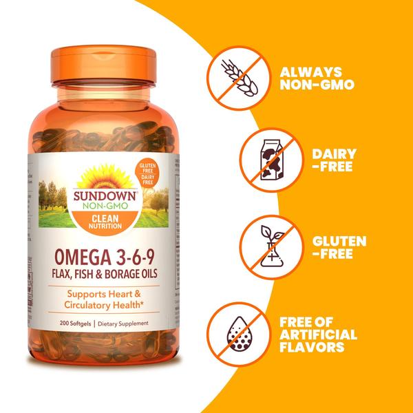 Imagem de Suplemento Sundown Omega 3 6 9 com óleos de linhaça, peixe e borragem 200 cápsulas gelatinosas