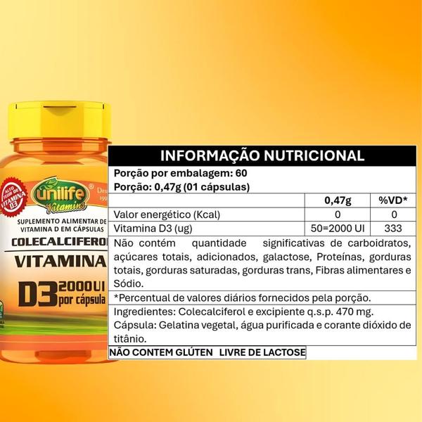 Imagem de Suplemento Vitamina D3 2000 Ui Colecalciferol 470mg 60 Capsulas - Unilife