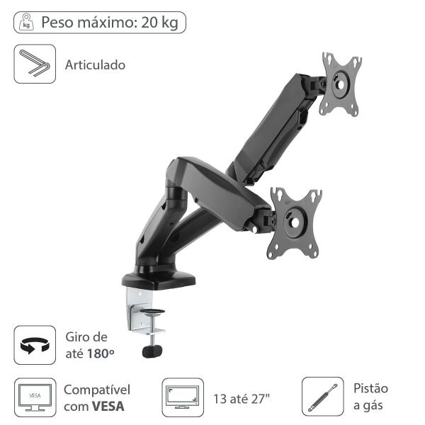 Imagem de Suporte A Gás Para 2 Monitores 17" A 32" Vesa 100x100 Sm-341b