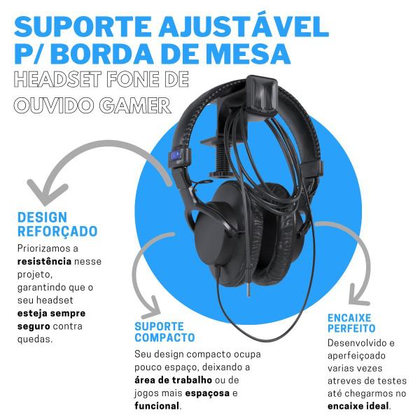 Imagem de Suporte Ajustável para Prender na Borda de Mesa Compatível com Headset Headphone Fone de Ouvido Gamer