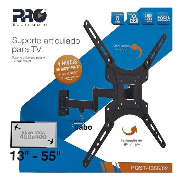 Imagem de Suporte Articulado 4 Niveis Pqst 1355/02 para Tv De 13  A 55  Proeletronic com passa cabo Kit com 2 Unidades