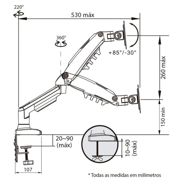 Imagem de Suporte Articulado C/ Pistão a Gás Para Monitor 17" a 27" 2 Portas USB F9USB Elg