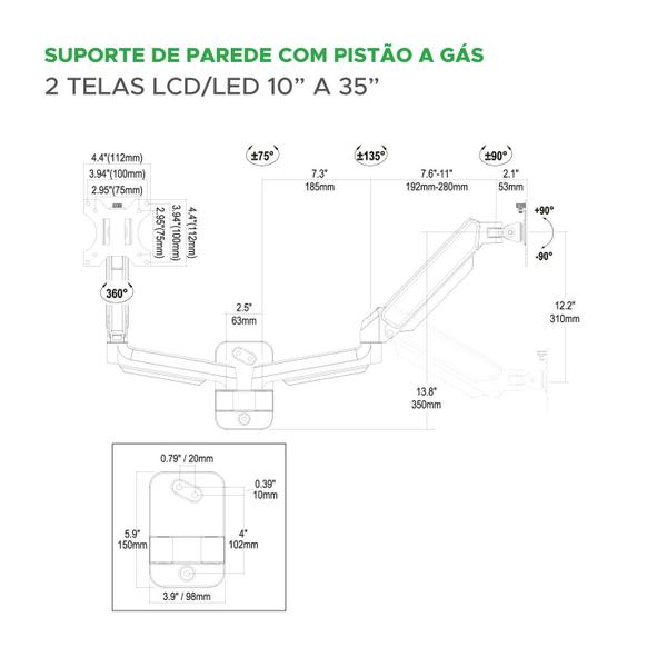 Imagem de Suporte Articulado De Parede C/ Pistão A Gás P/ 2 Monitores