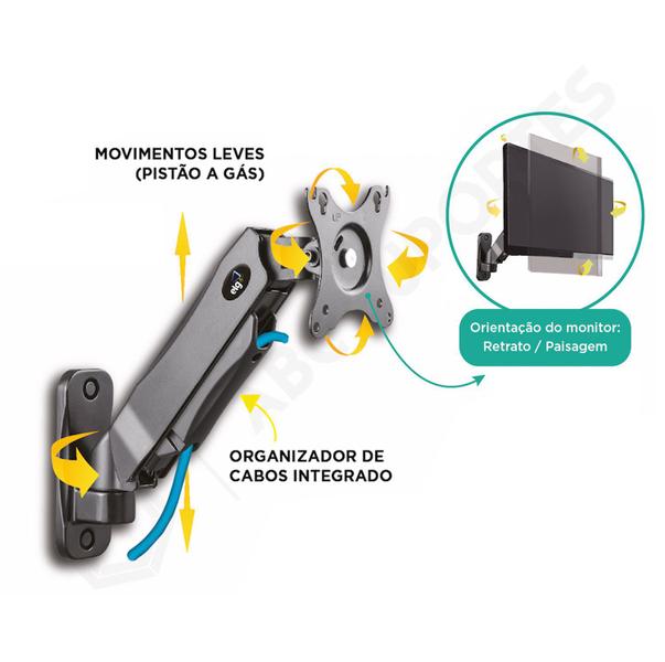 Imagem de Suporte Articulado de Parede com Pistão a Gás e Ajuste de Altura para Monitores de 17 à 34 Polegadas 5ª Geração  - ELG F410