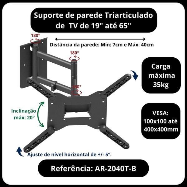 Imagem de Suporte articulado de parede para TV de 19 a 65 polegadas com 3 posicao de articulações com inclinação