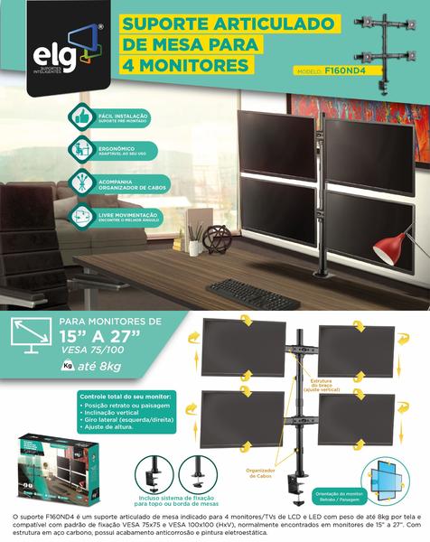 Imagem de Suporte Articulado P/ 4 Monitores de 15" A 27" - ELG