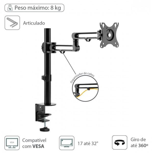 Imagem de Suporte Articulado para  Monitor Vinik, Até 32, com Organizador de Cabos, VESA, Preto - SM400A 35718