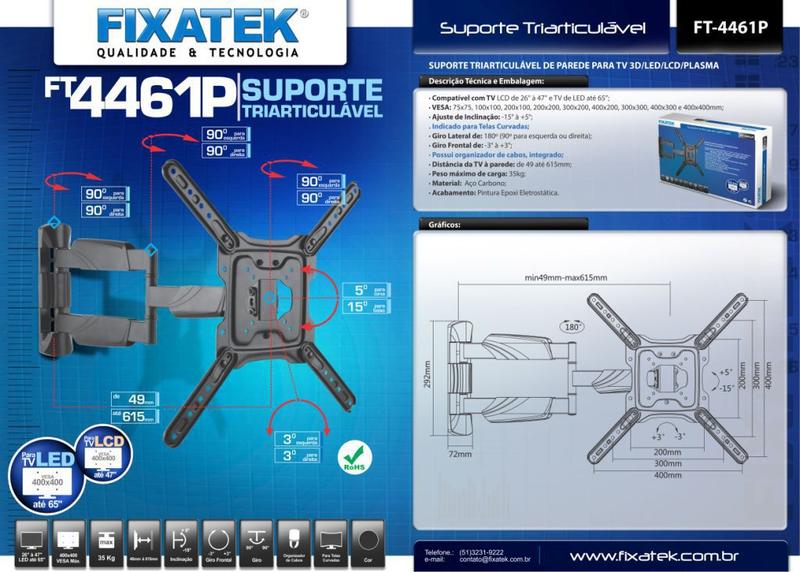 Imagem de Suporte Articulado para TV LED / OLED / QLED 23" até 65" com Peso até 35kg FT-4461P - Fixatek