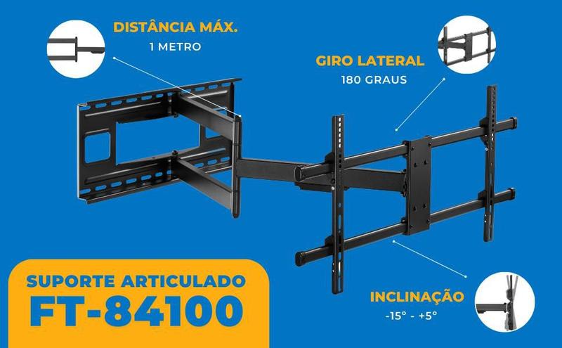 Imagem de Suporte Articulado para Tv LED / OLED / QLED 43" á 85'' com Peso até 40kg - Braço longo de 1 metro (100 cm) - FT-84100 - Fixatek