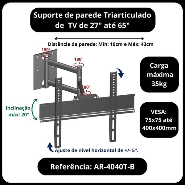 Imagem de Suporte aticulado de parede para televisao monitores 27 a 65 polegadas fixo tv led lcd triarticulado com inclinação